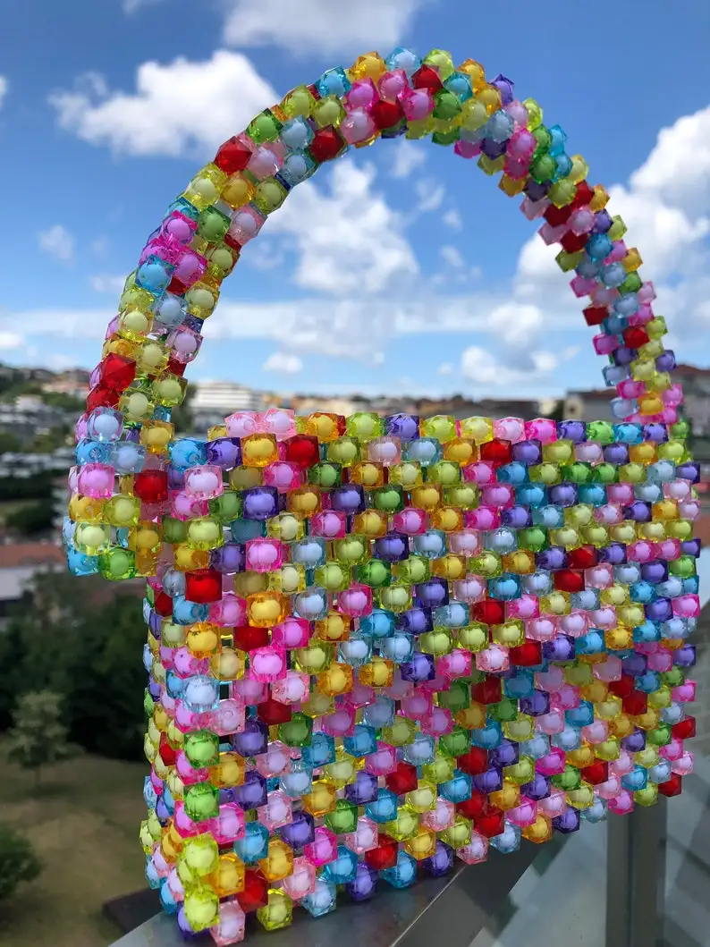 

Girls Gift for Her COLORFUL Bead Bag Rainbow Beaded Luxury Designer Acrylic Crystal Box Totes Daily Party Banquet Wedding Purse