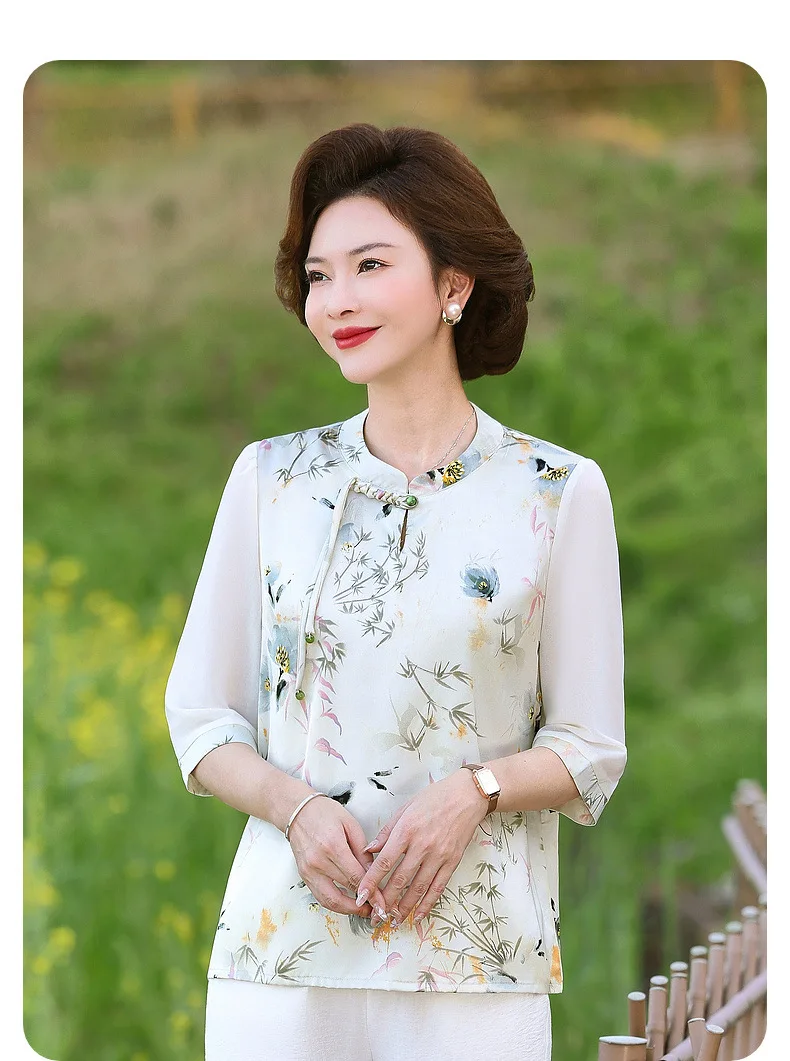 Женская шифоновая футболка в китайском стиле с принтом лягушки и средним рукавом