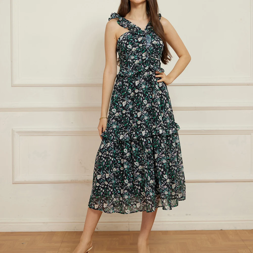 GK женское платье многоуровневое миди с воротником-халтер и цветочным принтом без