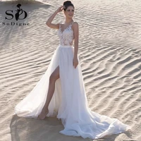 sodigne wedding dresses backless v neck beach lace appliqued lace side split tulle bohemia boho bride dress vestidos de novia