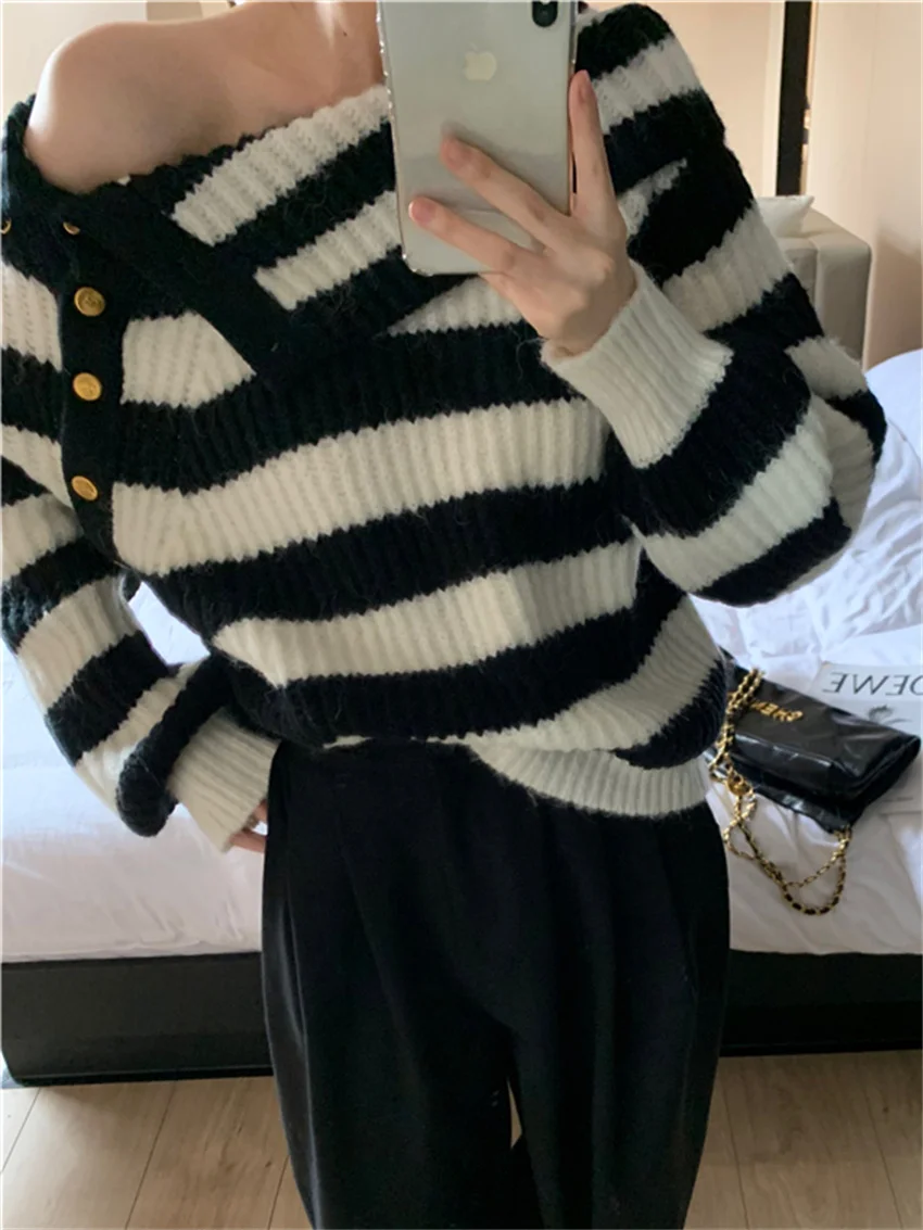 

HziriP Sexy Soft Jumpers Women Striped Loose Gentle Knitted Elegant Winter Lazy Style Chic Warm Casual Office Lady Sweaters