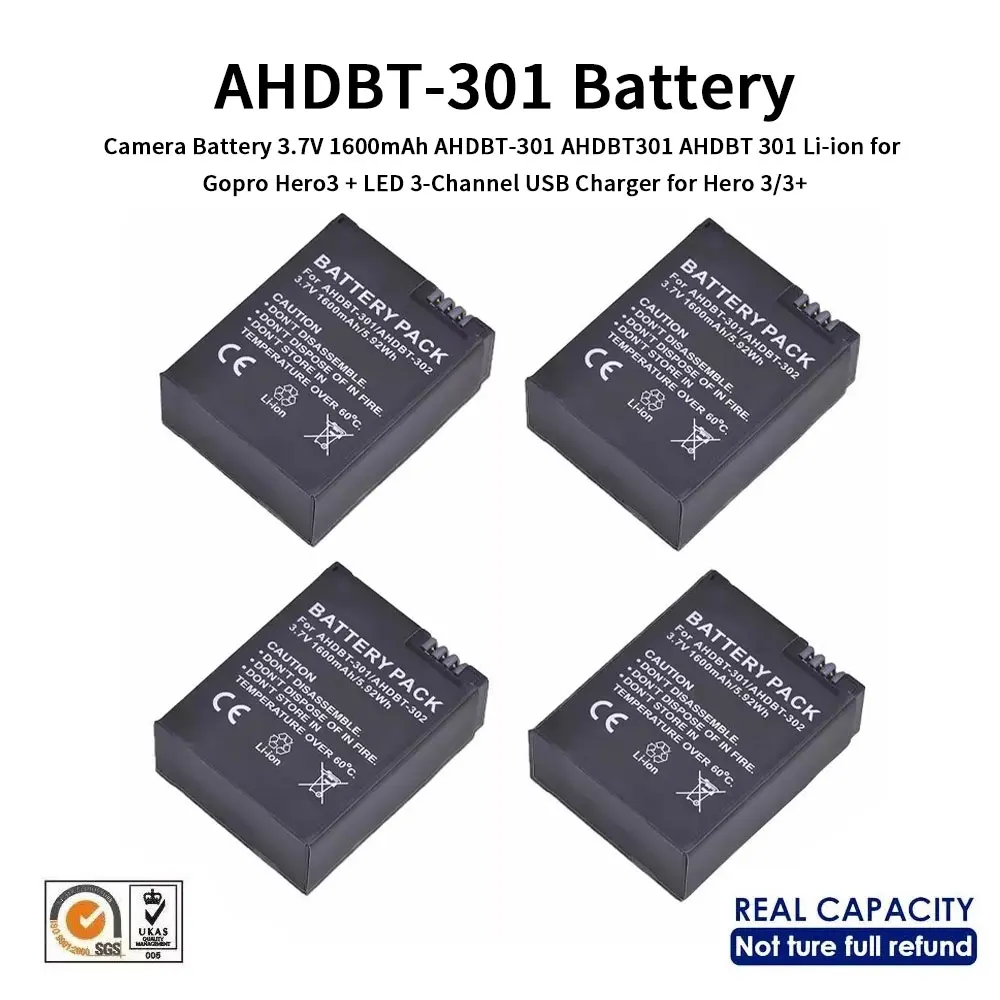 

Camera Battery 3.7V 1600mAh AHDBT-301 AHDBT301 AHDBT 301 Li-ion for Gopro Hero3 + LED 3-Channel USB Charger for Hero 3/3+