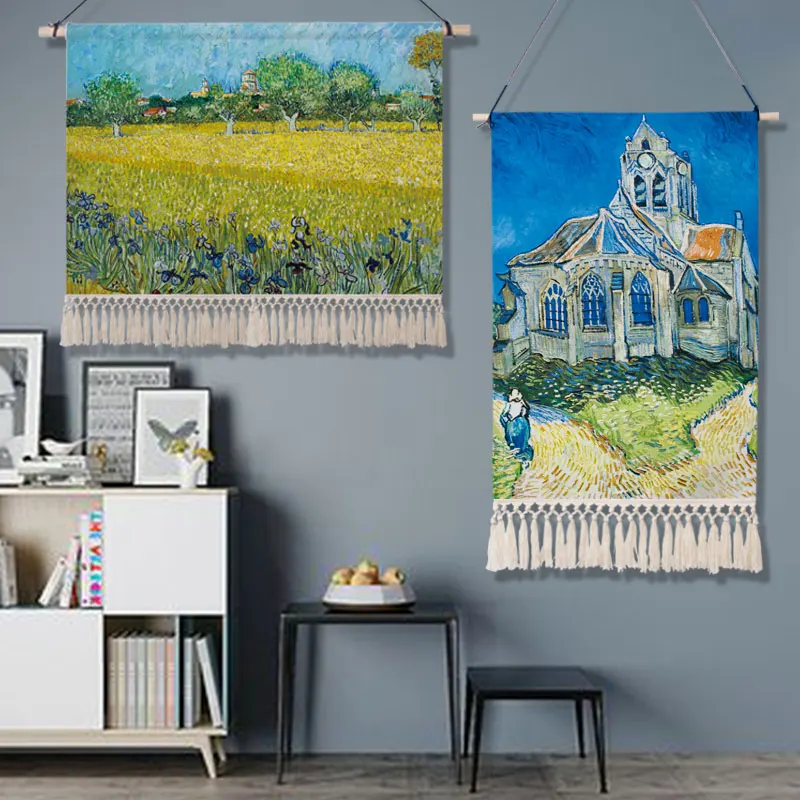 

Oil Painting Cotton Tassel Tapestry Modern Simple Hand-painted Illustration Nordic Living Room Cotton Linen Wall Decoration