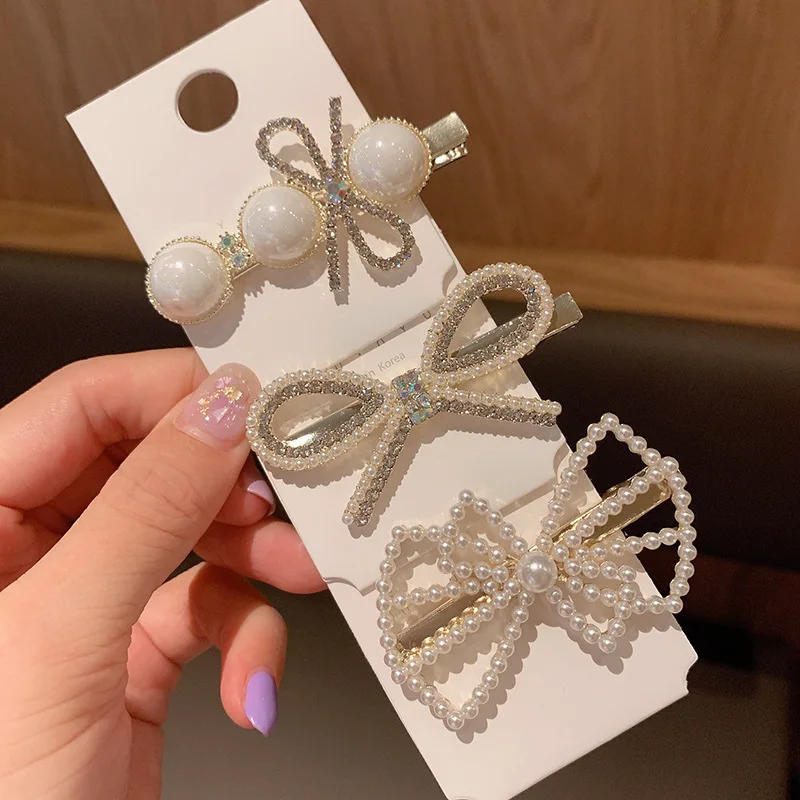 

Wholesale 50pcs Bow Pearl Hairpin Headwear Girl's Bangs Side Clip Korean Side Ear Hairpin Clips Accessories