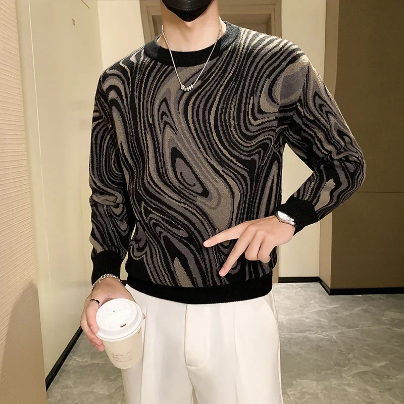 Мужской модный свитер с длинным рукавом и круглым вырезом географическим узором