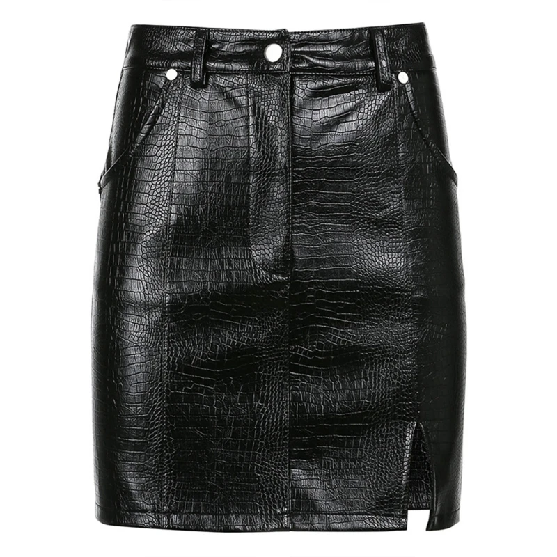

Женская юбка с высокой талией, черная облегающая мини-юбка из искусственной кожи с крокодиловым узором и разрезом, обтягивающая трапециеви...