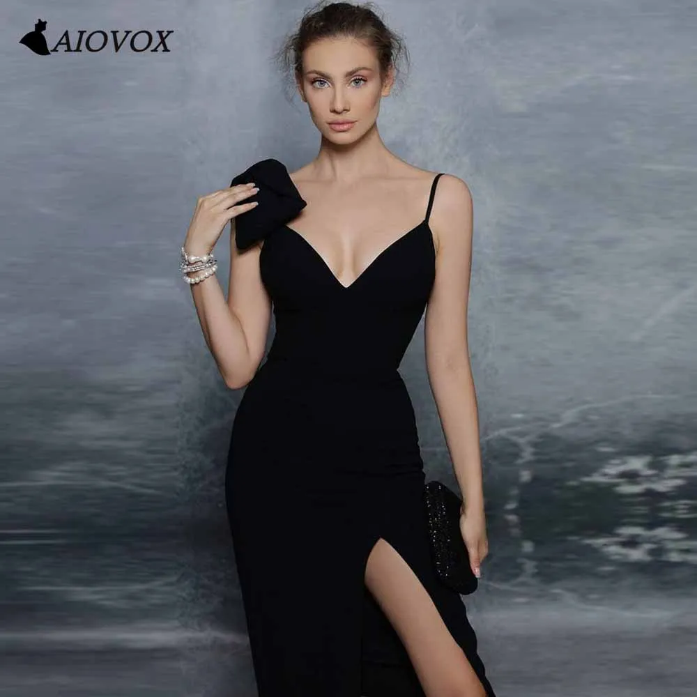 

AIOVOX Sexy Black Knee Length Party Dress Modern Bow Split Side Cocktail Dress Sexy Spaghetti Strap Sheath Vestido De Noche