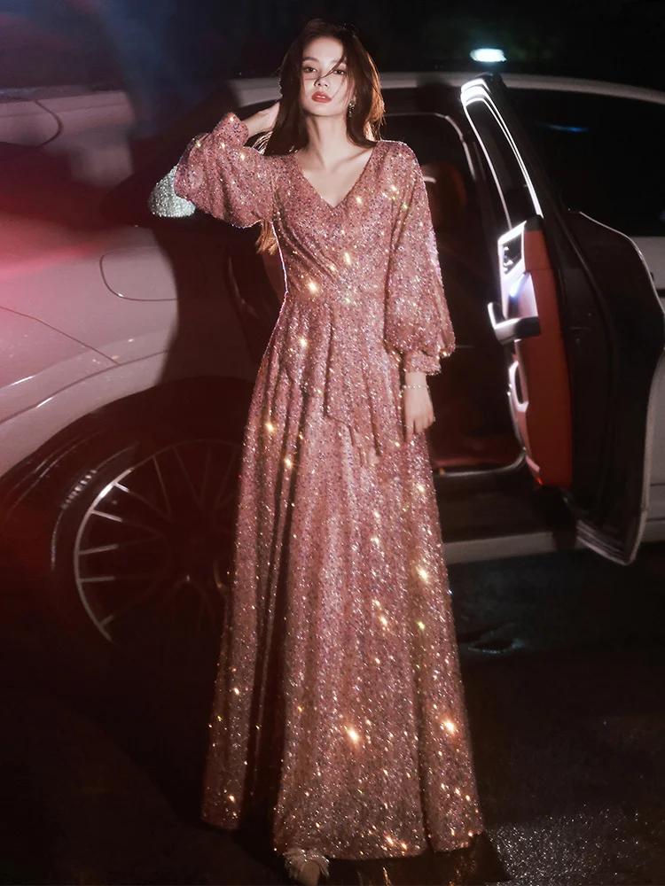

Pink Sequin Evening Dresses With Long Sleeves V-Neck A-Line Floor-Length Elegant Women Formal Gowns For Wedding Party