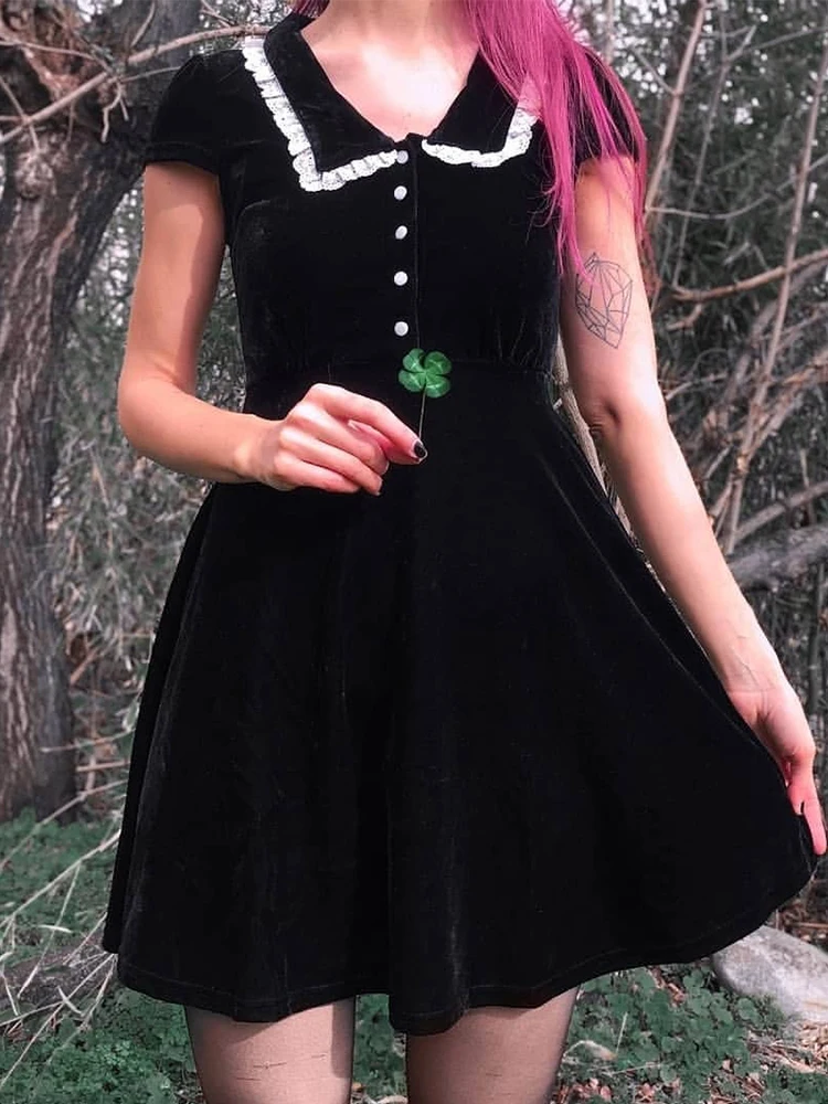 

Женское мини-платье с коротким рукавом, черное платье в стиле «Харадзюку», платье в готическом стиле с воротником «Питер Пэн», платье в стил...