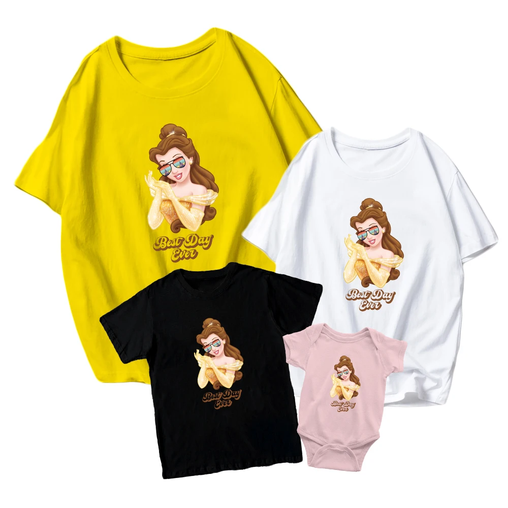 

T Shirt Belle Princess with Sunglasses Disney Kids Short Sleeve Baby Girl Boy Romper New Adult Clothing Family Matching Outfit