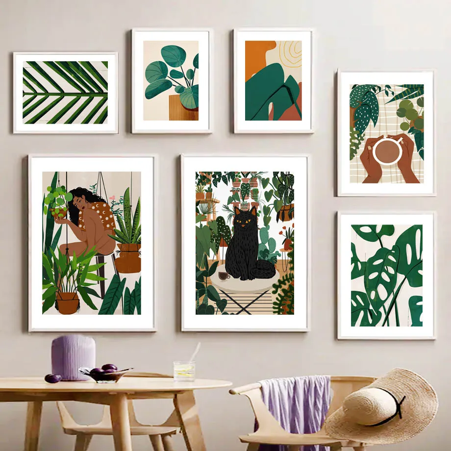 

Boho Monstera Palm Leaf Vase Cat Negro Girl Nordic Wall Art Canvas Painting Posters And Prints Pictures For Living Room Decor