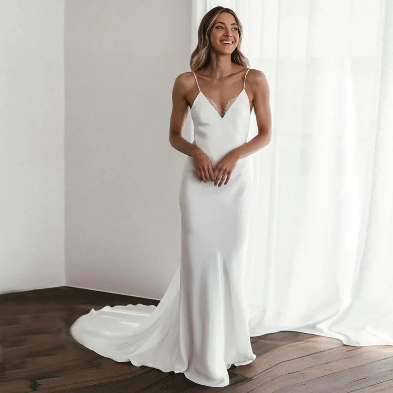 

Simple Backless Wedding Dress for Women Bride 2023 Spaghett Straps Lace Appliques Sexy Beach Bridal Gown Civil Vestido De Noiva
