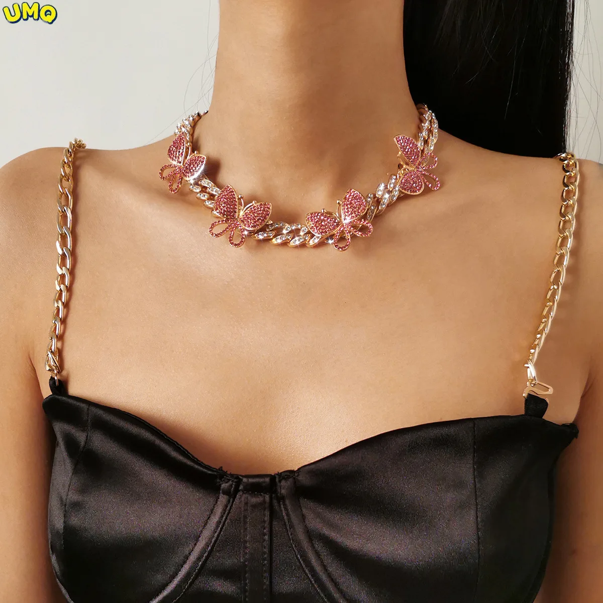 

Fashion jewelry Hip Hop Punk Cuba Button Micro Inlaid Necklace Women's Trend Full Diamond Big Butterfly Necklacegifts for Women