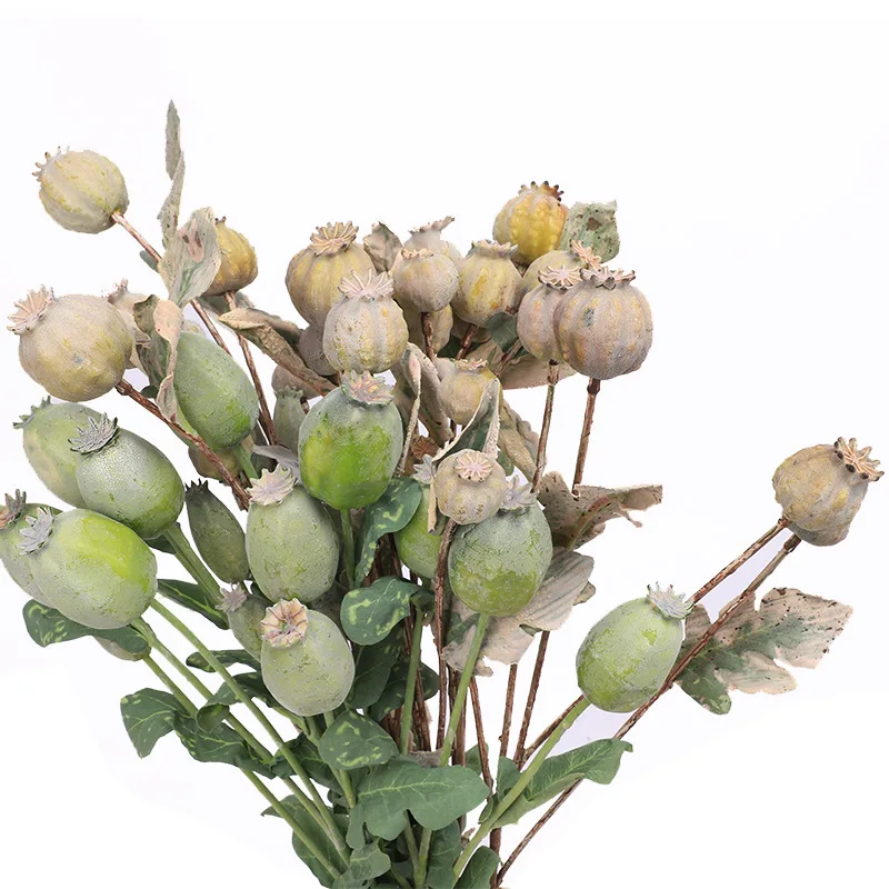 Artificial Poppy Fruit Branch With Green Leaves Aritificial Flower Home Decoration Plastic False Popies Green Plant