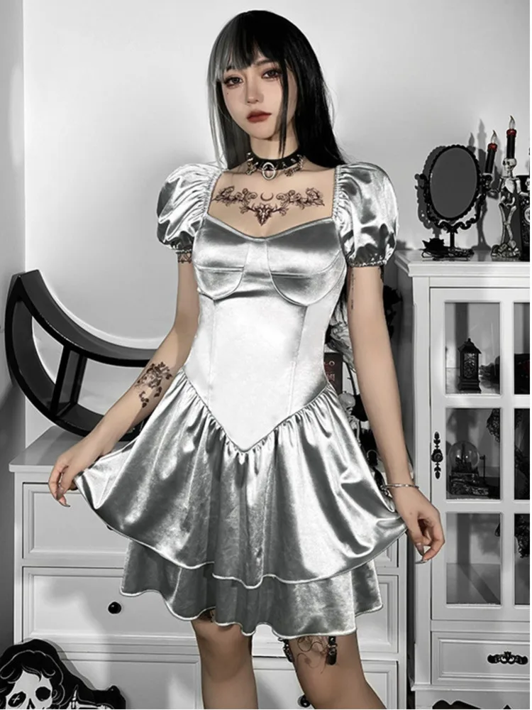 

Y2K Dark Style 2022 Spring And Summer New Dress Women Wrapped Chest Open Back Bubble Sleeve Lotus Leaf Princess Mini Dress