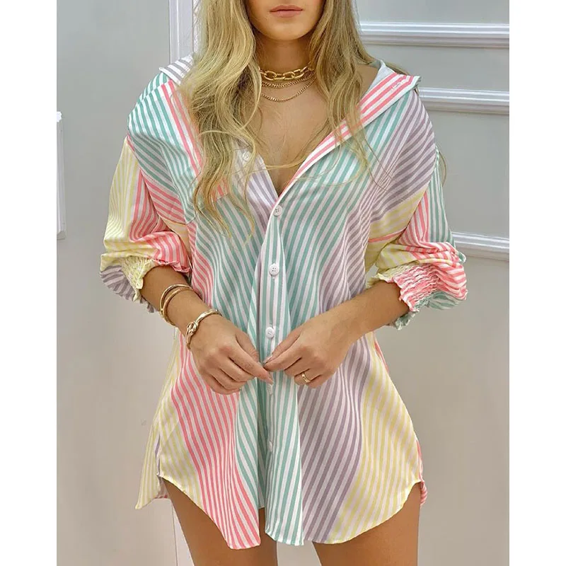 

Zoki Fashion Stripe Printed Long Sleeve Dress Women Summer Loose Single Breasted Mini Dress Sexy V Neck Cardigan Shirt Dress