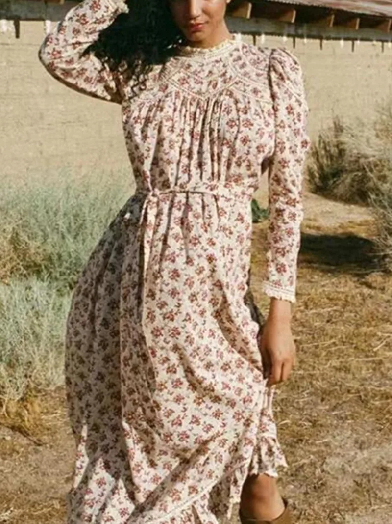 

Женское ажурное платье миди с цветочным принтом, элегантное винтажное длинное платье с воротником-стойкой и длинным рукавом, с кружевной отделкой и поясом