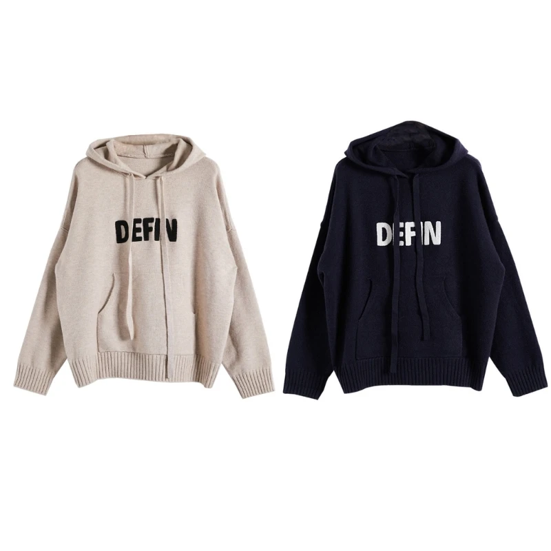 

896E Womens Long Sleeve Knitted Hoodie Sweater Harajuku Letters Embroidery Casual Oversized Loose Drawstring Sweatshirt Top