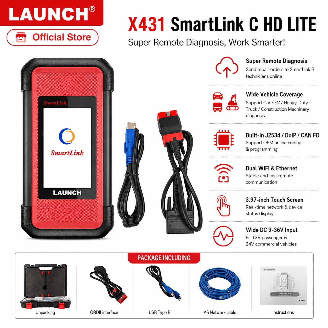 Фото Диагностический сканер Launch X431 SmartLink B/C V2.0 CAN FD DOIP для легковых и грузовых автомобилей OBD2 12V 24V, красный, XDIAG Xpro 5 Diagzone, автомобильные инструменты №1