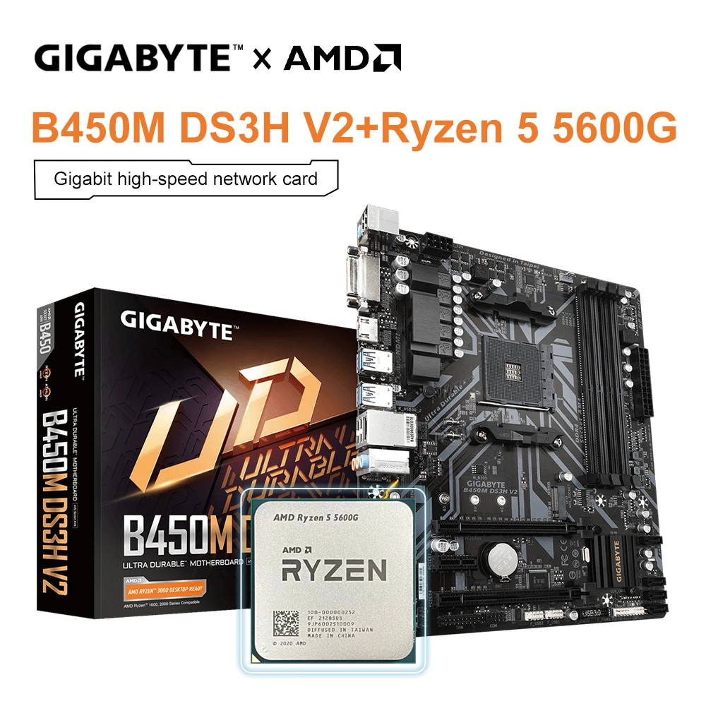 

Gigabyte New B450M DS3H V2 Motherboard + AMD Ryzen 5 5600G R5 5600G CPU 3.9GHz 6-Core Processor 64GB DDR4 Socket AM4 Micro ATX