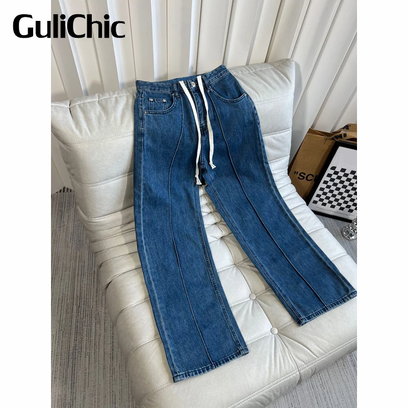 

7.28 GuliChic Women Fashion Cotton Drawstring Comfortable Straight Jeans