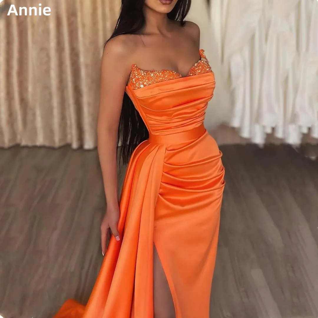 

Orange Mermaid Evening Gown Beaded Off-Shoulder Bodice Pleated Ball Gown Pleated Side Slit Celebrity Dressفساتين الحفلات