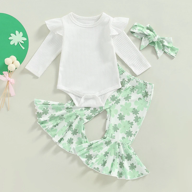 

Newborn Baby Girl St Patricks Day Long Sleeve Ruffle Romper Four Leaf Clover Flared Pants Headband Set 0-24M