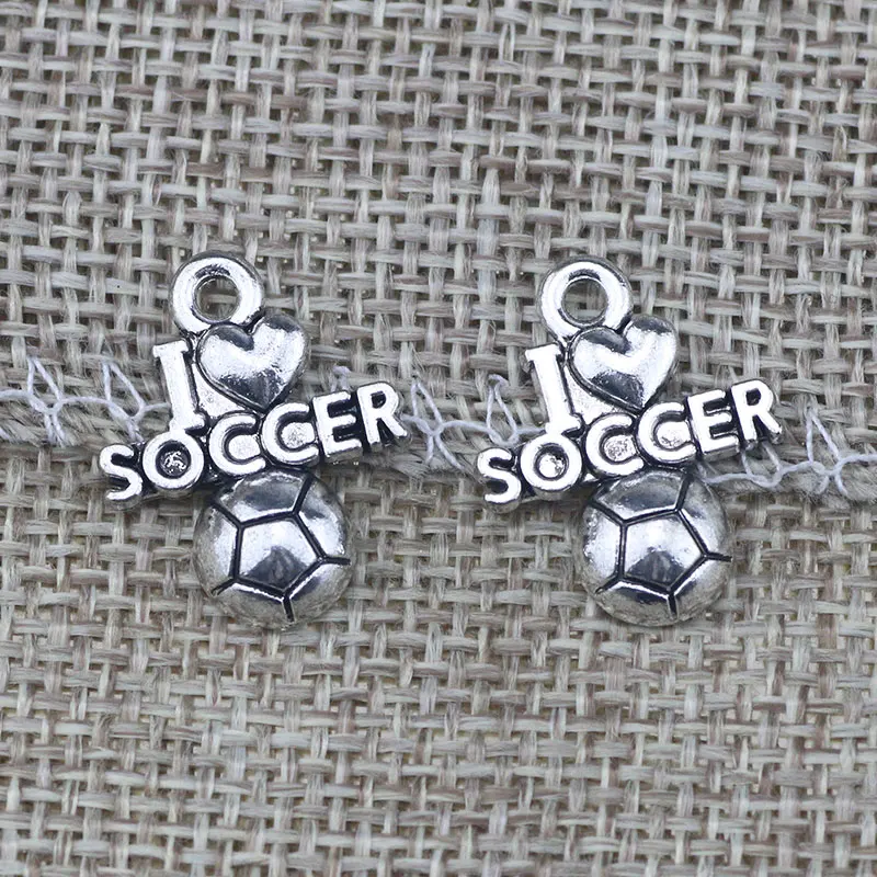 

High Quality 50 Pieces/Lot 16mm*20mm Antique Silver Plated Sport Charm I Love Soccrer Soccer Charms