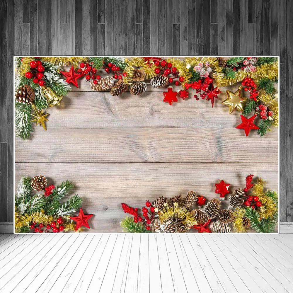 

Christmas Pine Cones Holly Stars Bell Wooden Board Planks Photography Backgrounds Custom Baby Party Decoration Photo Backdrops