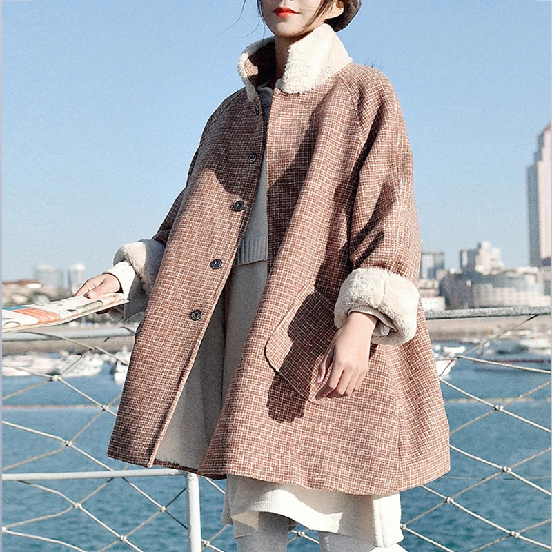 

Осенне-зимнее винтажное Женское пальто, теплая клетчатая флисовая куртка средней длины из овечьей шерсти, женская верхняя одежда, Свободное пальто для женщин