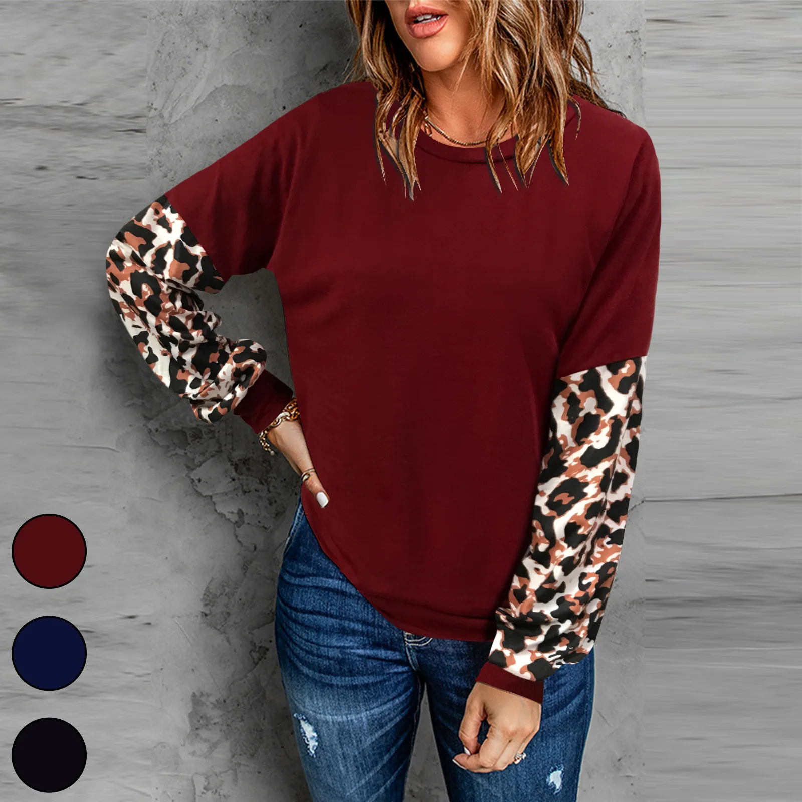 

Autumn Casual Drop Shoulder Black Red Tee Shirts Women Clothing Leopard Print Oversized Top Loose Long Sleeve Top T-shirt Mujer