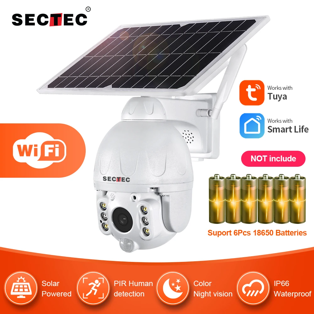 

SECTEC TUYA 1080P WIFI Solar Battery Powered PTZ Alert Camera Color Night Vision Two-way Voice PIR Human Detection IP66 Alexa