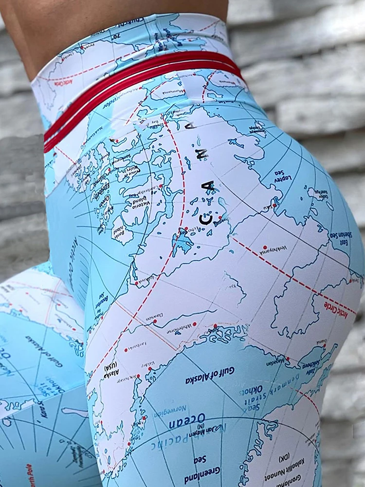 Sport Leggings Gym Trainning Joggings Digital Printing Map Women High Waist Workout Pants Elastic Yoga Leggins Female