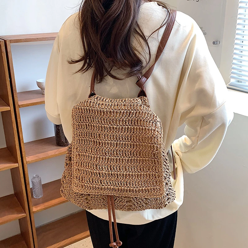 Handmade Woving Women's Backpack Beach Shoulder Bag For Ladies Designer Straw Handbag Travel Anti Theft Backbag Crossbody Purse