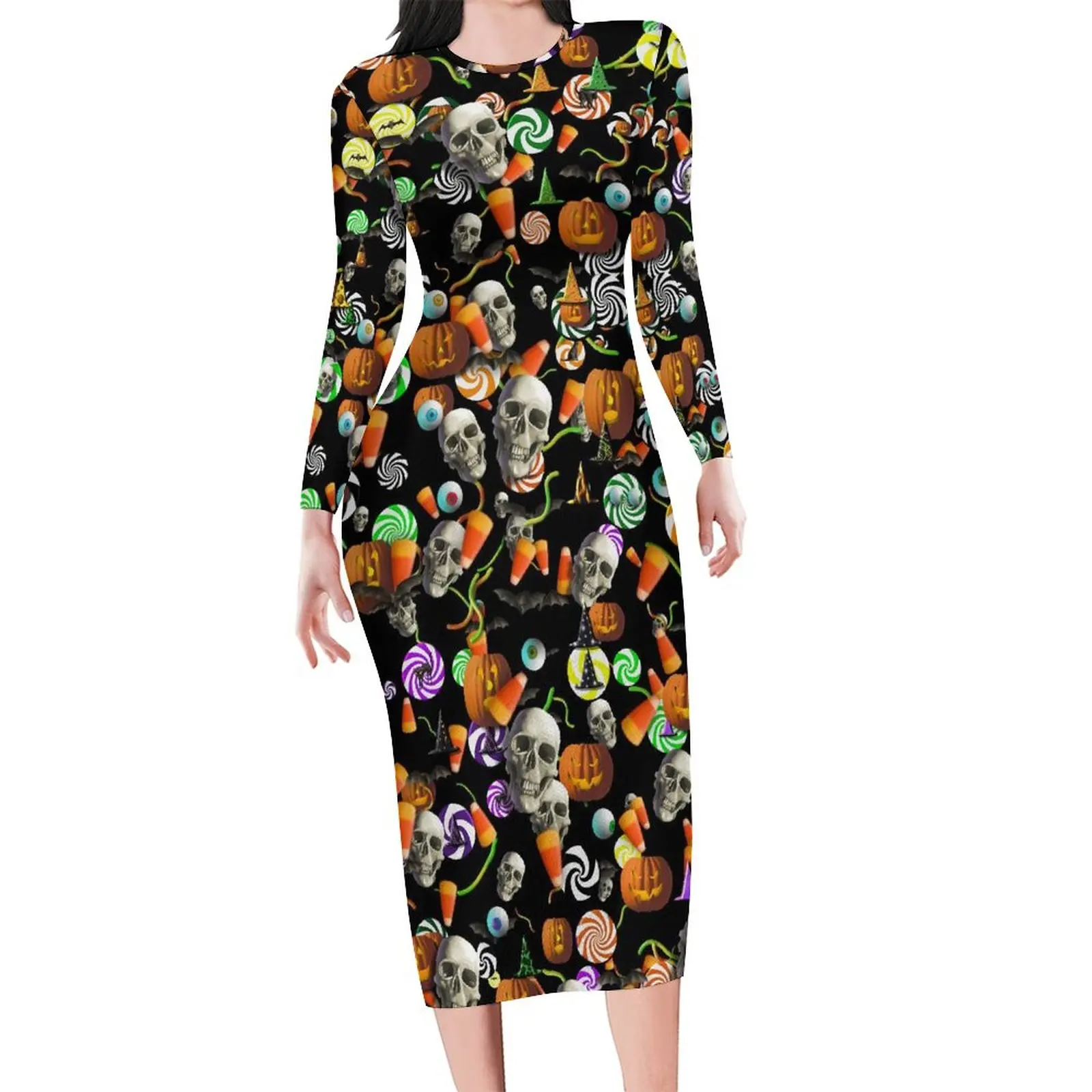 

Creepy Halloween Dress Long Sleeve Skulls And Pumpkins Elegant Dresses Woman Street Fashion Graphic Bodycon Dress Large Size