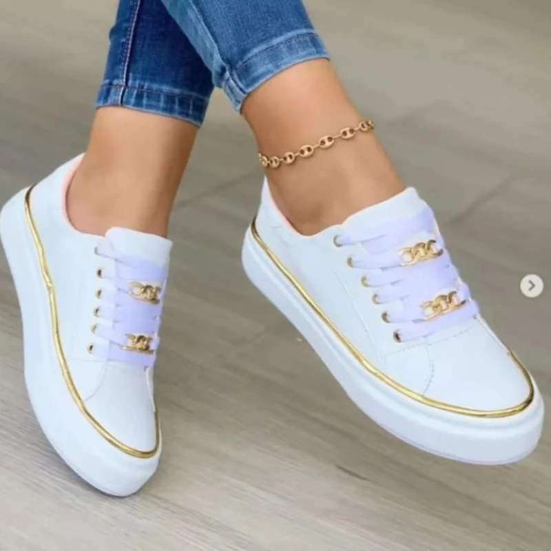 White Leather Fashion 2023 New Round Toe Thick Sole Vulcanized Shoes Casual Walking Metal Chain Lace Up Zapatos Mujer