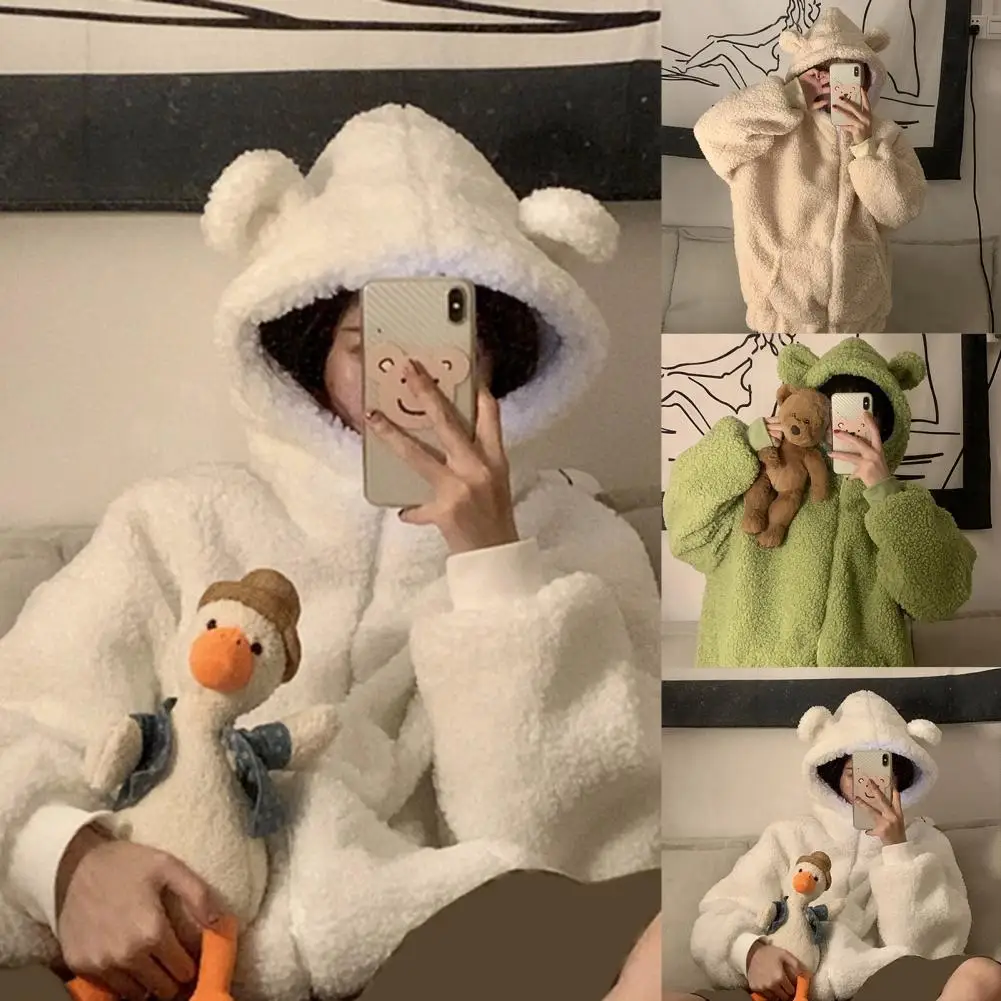 

Fleece Jacket Lovely Soft Hooded Women Winter Imitation Lambswool Warm Coat Streetwear Cardigan Jacket Fleece Jacket