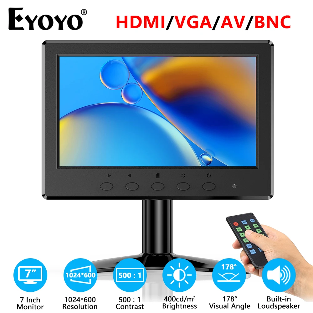 Eyoyo EM07C Small TV Monitor 7 Inch IPS Screen 1024x600 Resolution HDMI AV VGA BNC USB Port Dual Speakers Support Remote Control