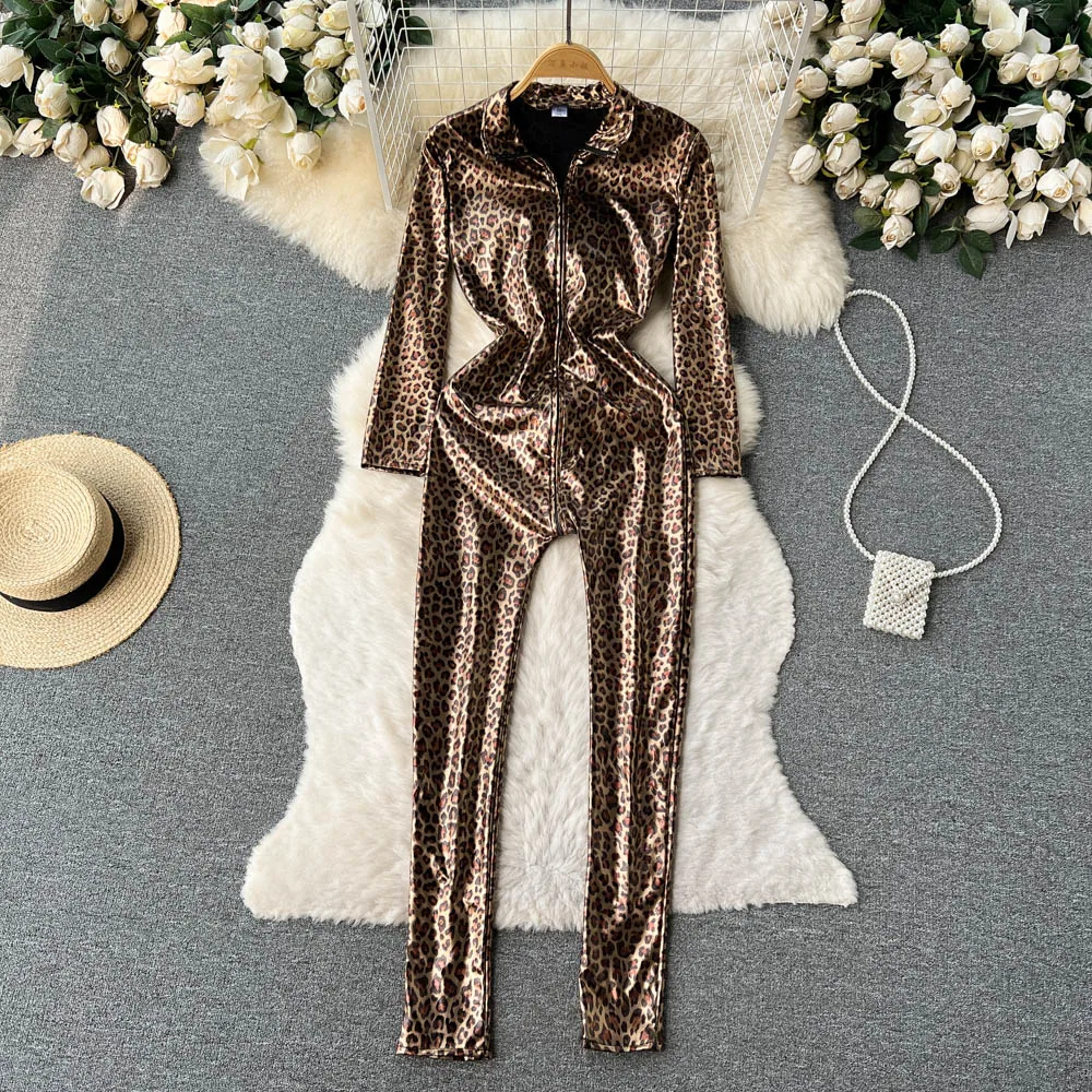 

Autumn New Leopard Print Temperament Fashion Zipper Lapel Slim Jumpsuit Woman