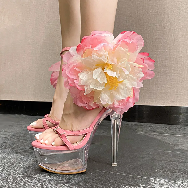 

Pink Heels Transparent Platform Sandals Women Big Flower Cross Stappy Buckle Summer Shoes Two Wear High Heels Sandals Femme