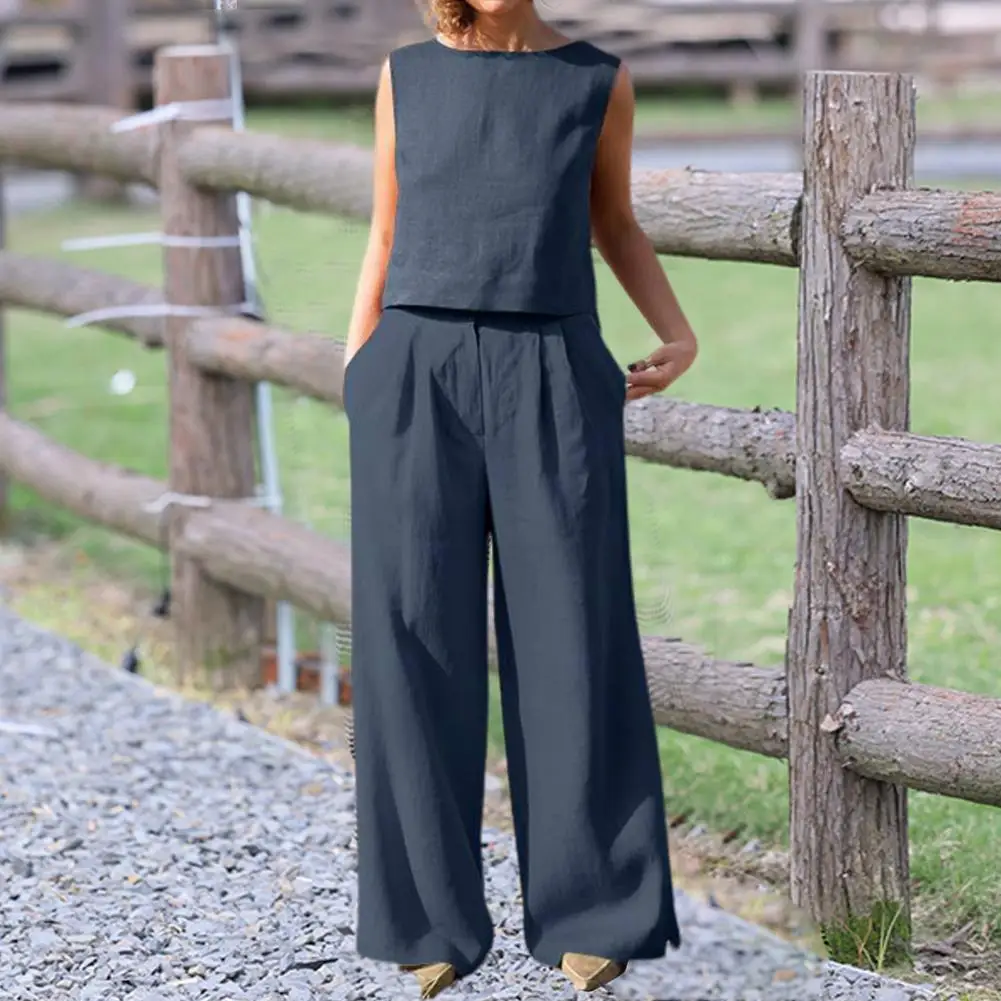 

1 Set Popular T-shirt Pants Ladies Women Outfit O-Neck Vintage Pure Color Outfit Patchwork