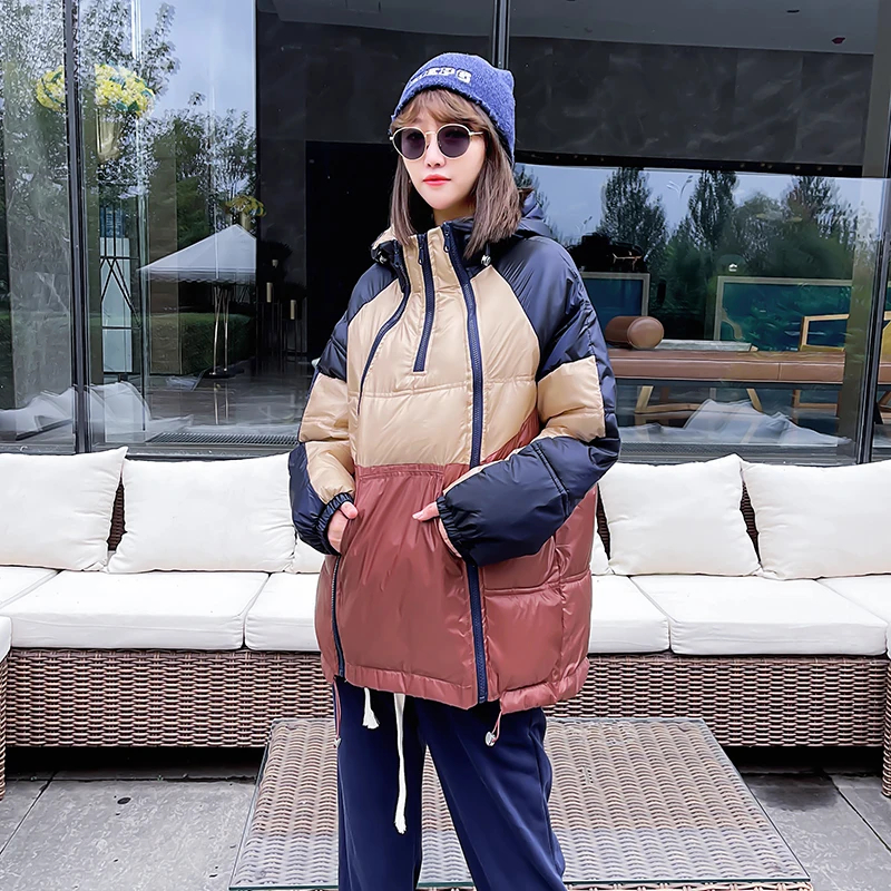 2022 Winter Down Jacket Fashion Splice Contrasting Colors Down Jacket Women Double Zipper Hooded Parkas Coat Down Cotton Coat