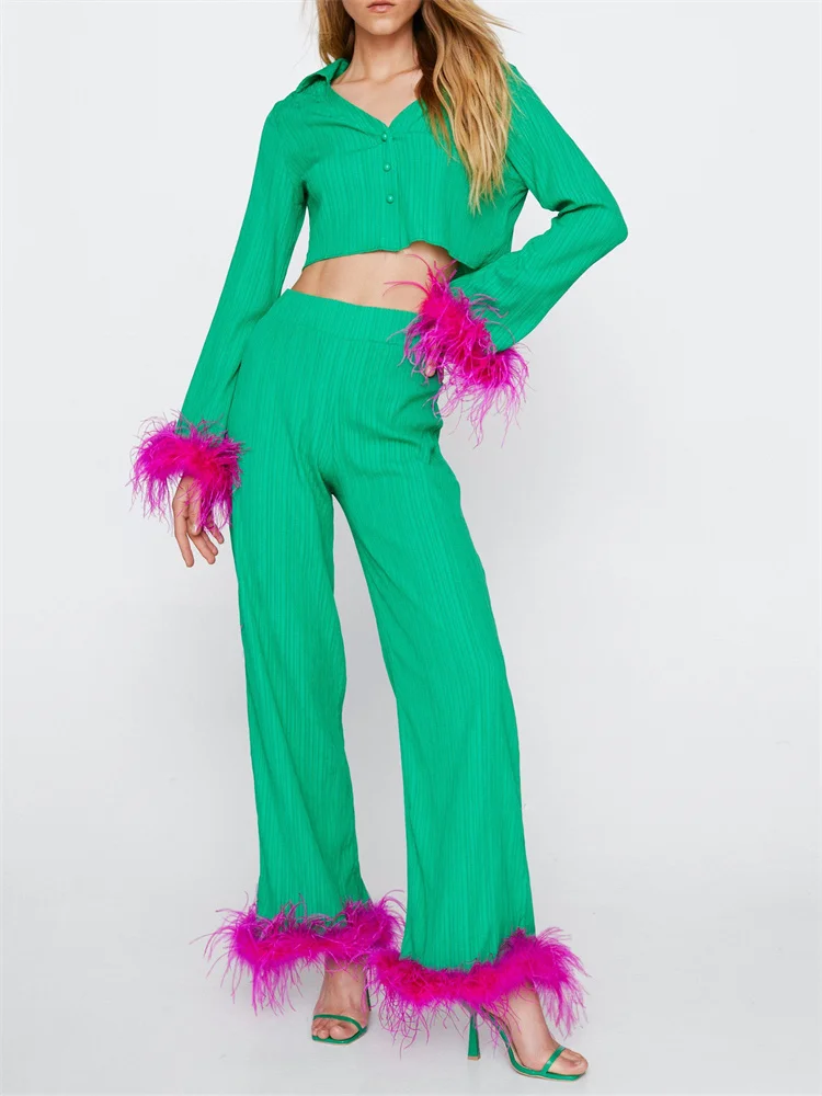 

CHRONSTYLE Women Ruched Fall 2 Pieces Outfits Feather Patchwork Long Sleeve Button Up Shirt Tops Loose High Waist Wide Leg Pants