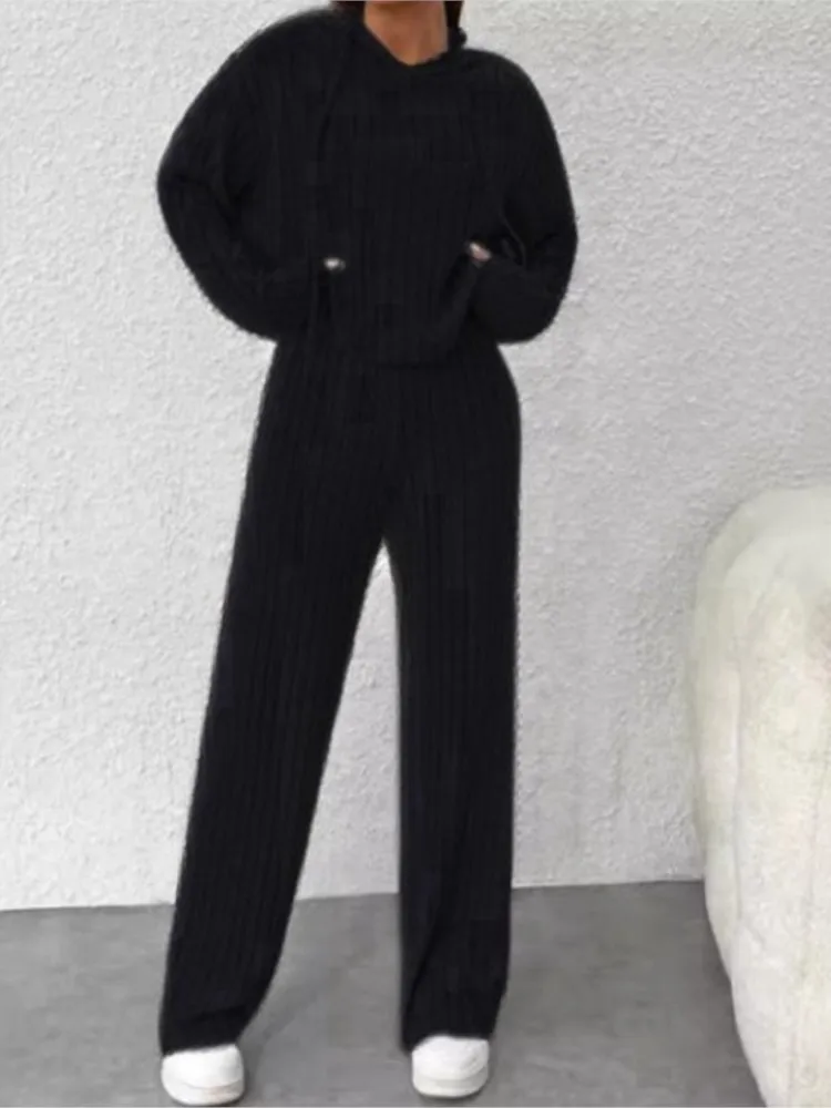 Весенне-осенний однотонный свитшот с капюшоном и высокой талией комплект из 2