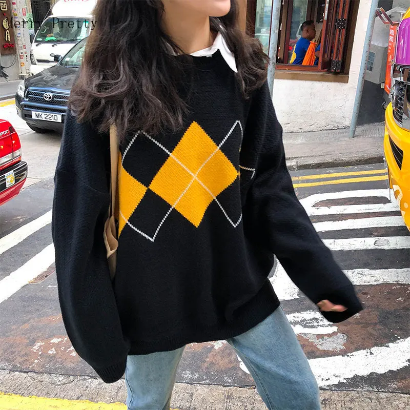 

2021 Winter Korean Fashion Geometric Pattern Argyle Warm Pullovers Loose Oversized O-Neck Knitted Sweaters Woman Jumper Mujer