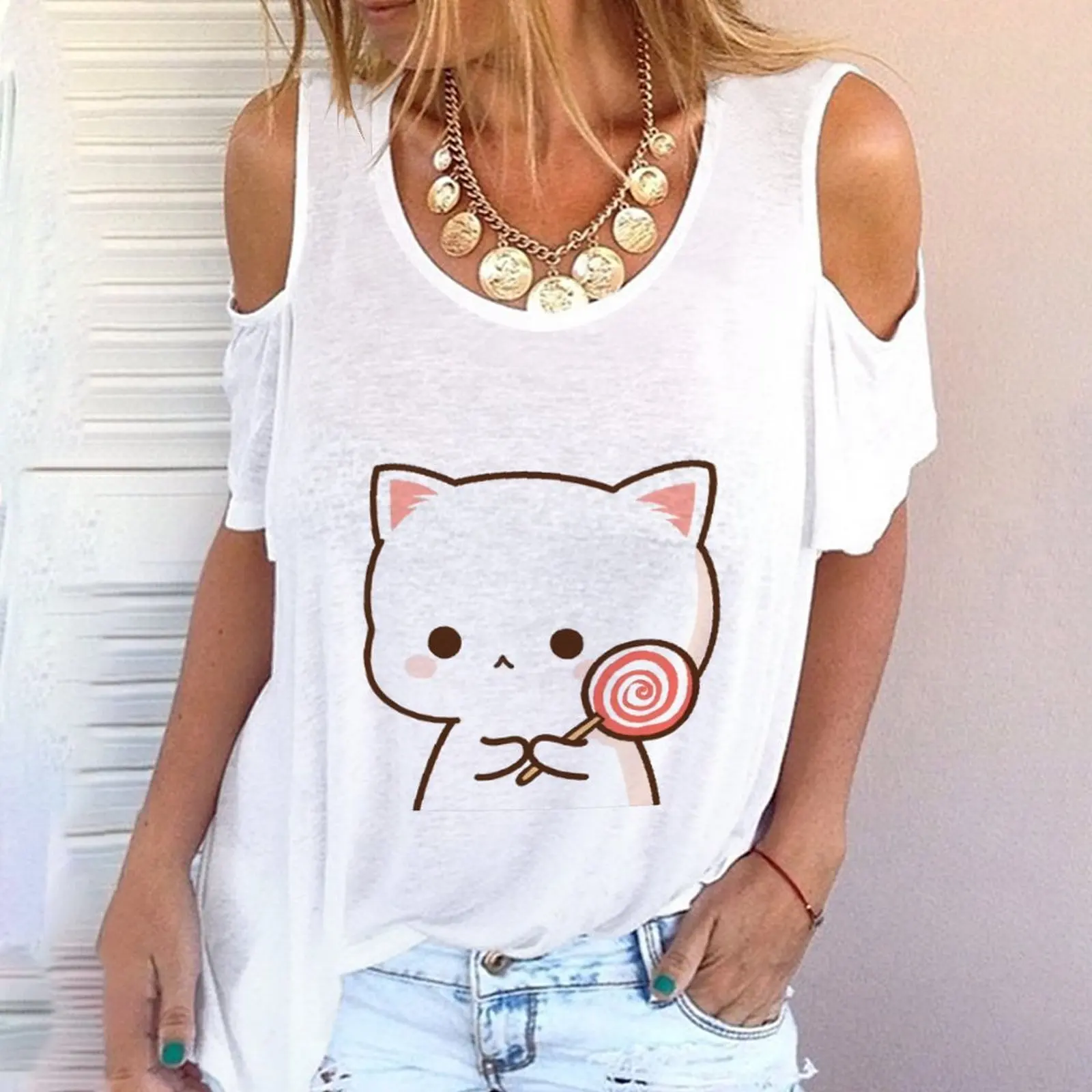 

3D Print Summer T-shirt Cute Cat Cartoon Animals Dropped Shoulder Sleeves European And American Popular Short Sleeve T-shirt