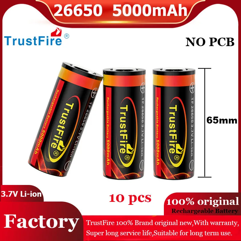 

TrustFire 26650 5000mAh High Capacity 3.7V Lithium Battery For Flashlight Power Bank Li-ion Rechargeable Batteries Length 65mm