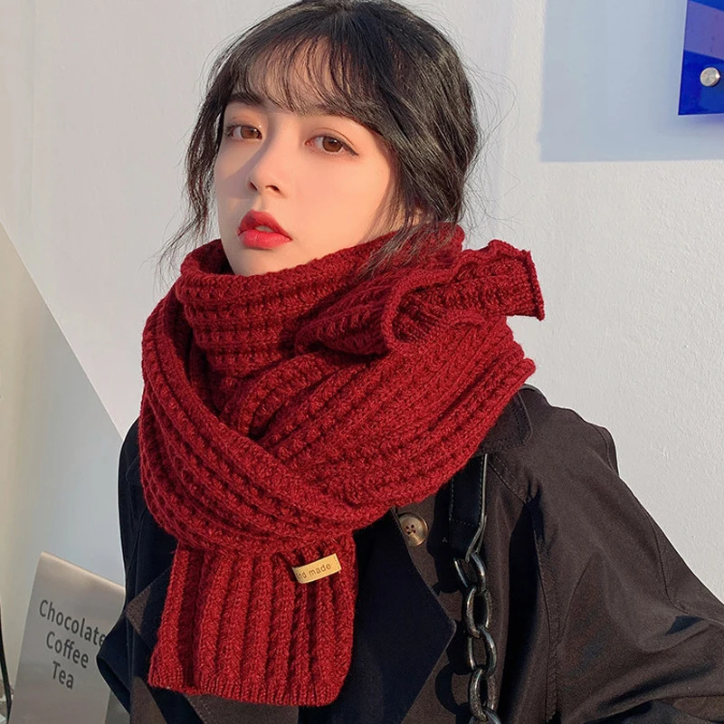 

Winter Warm Knitted Scarves Long Size Thickened Women Scarf Korean Casual Outdoors Thermal Men's Black Scarf Christmas Gifts