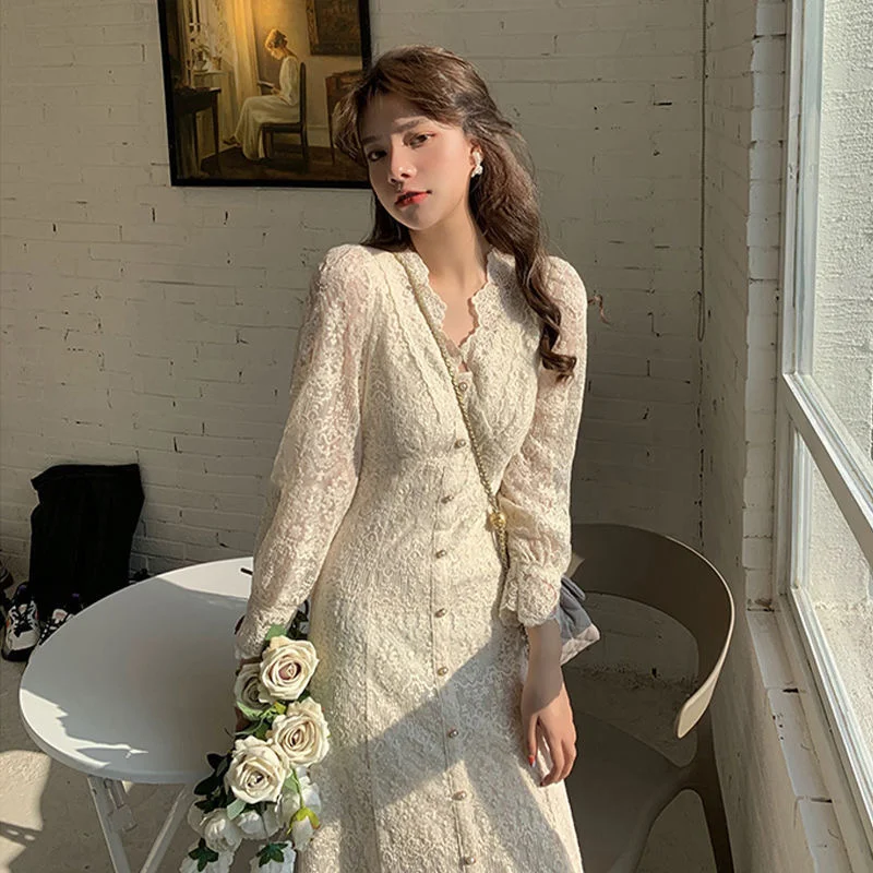 Элегантное кружевное платье-миди с длинным рукавом, зимнее Белое Женское корейское платье с V-образным вырезом, весеннее цельное вечернее женское праздничное платье феи D824