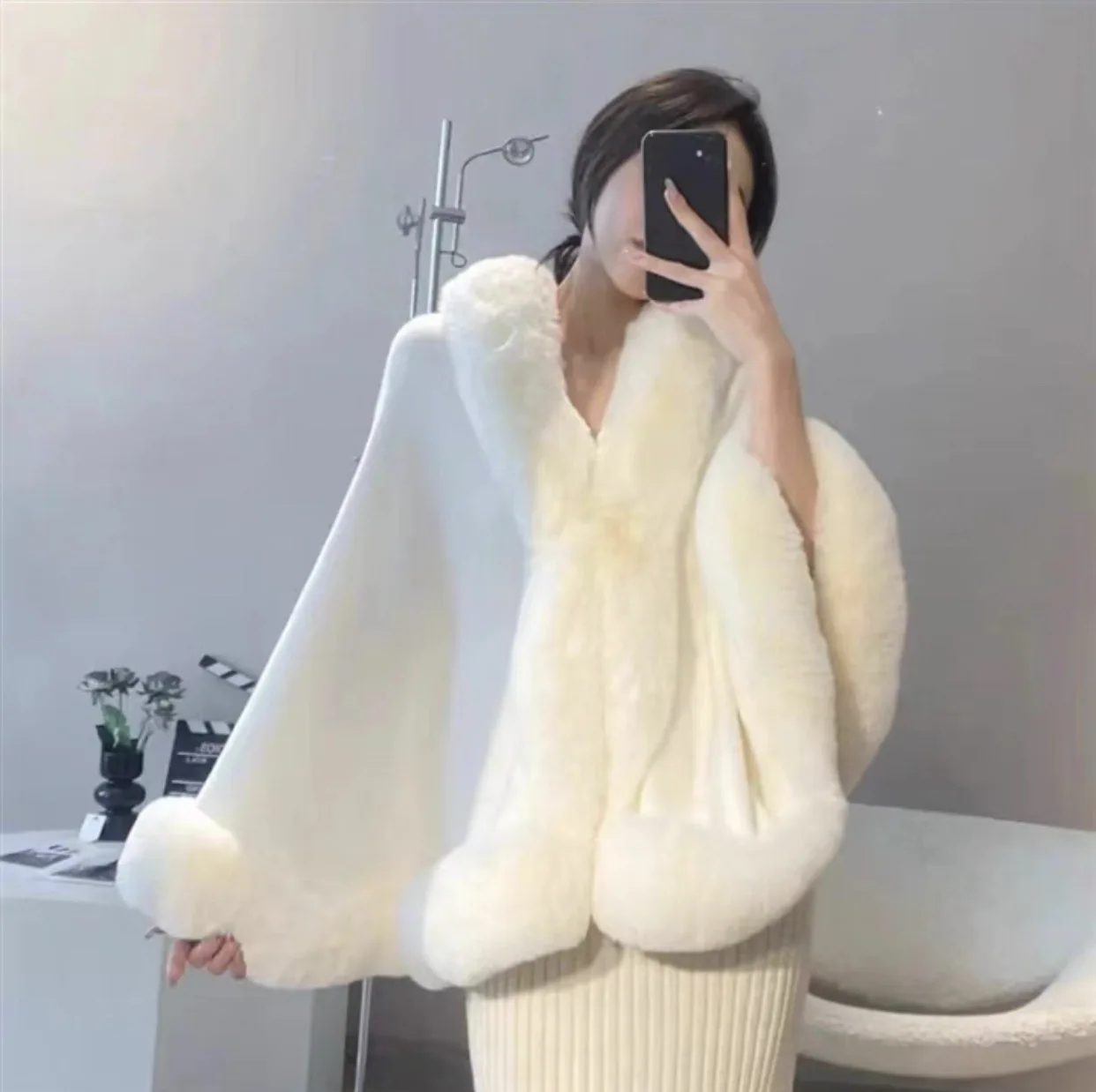 Новая осенне-зимняя накидка с воротником из искусственного меха кролика рекс